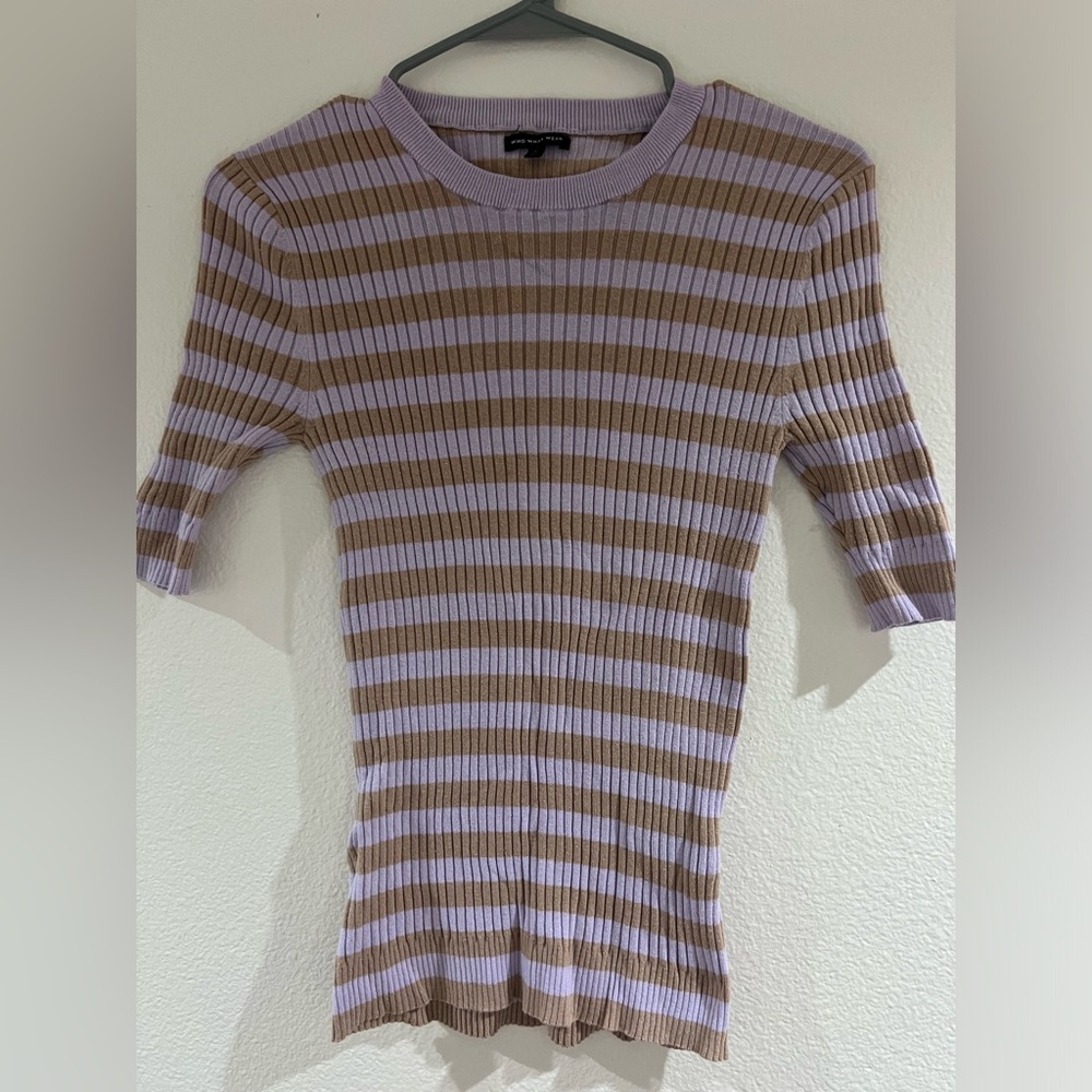 Who What Wear Purple and Brown Striped Short Sleeve Top